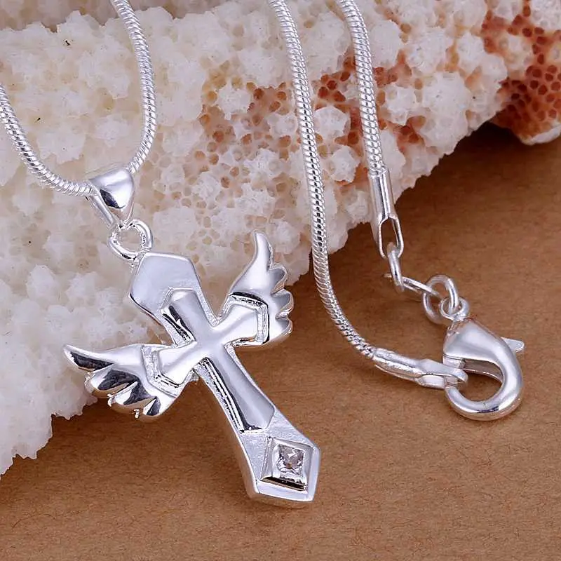 Silver Plated Pendant Necklace Big Wings Cross Perfume Women Fine Jewelry 11