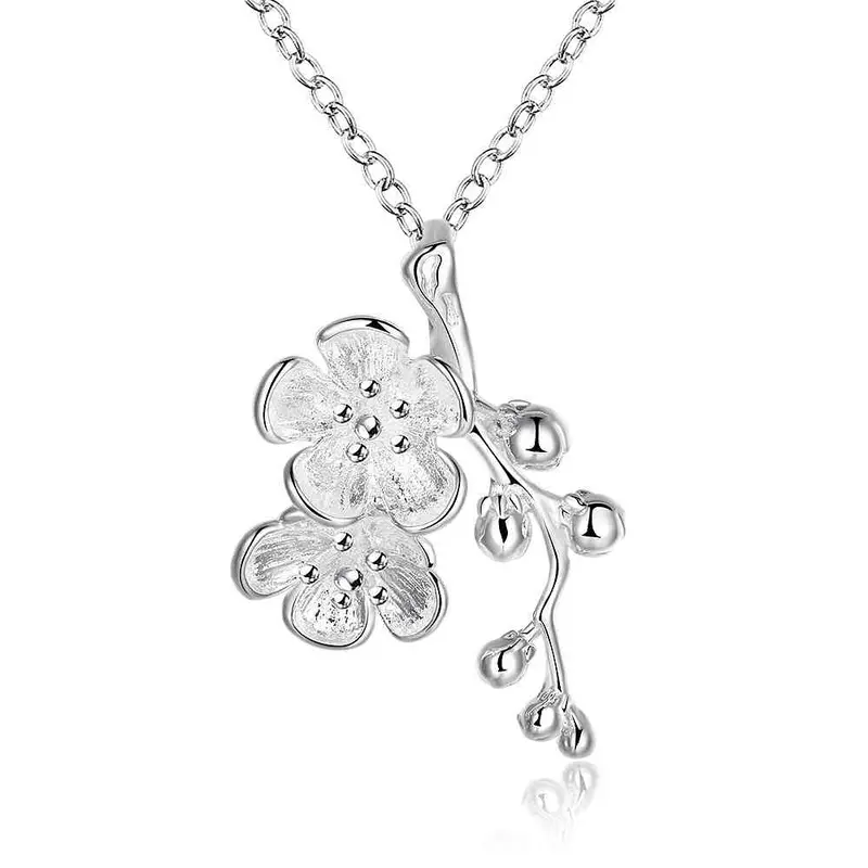 Silver Plated Pendant Necklace Double Flowers Add Beads Collier Accessories 745 1
