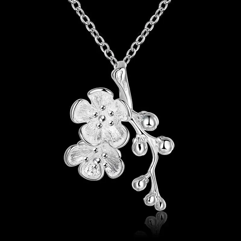 Silver Plated Pendant Necklace Double Flowers Add Beads Collier Accessories 745 2