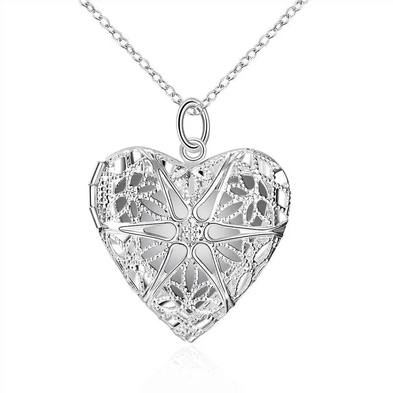 Silver Plated Pendant Necklace Heart-Shaped Frame Collares Mujer Cp185 1