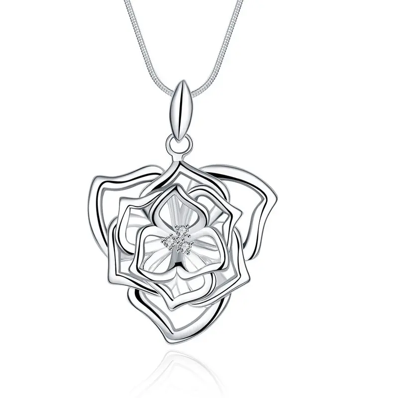 Silver-Plated Pendant Necklace Inlaid Triple Layer Flower Collares Jewerly Accessories 1