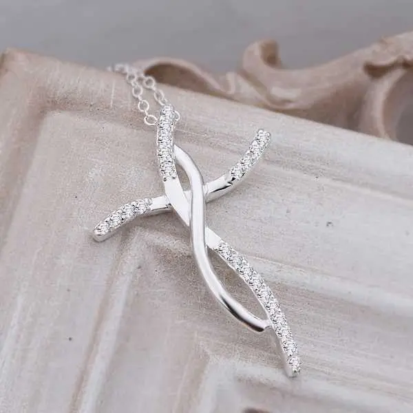 Silver Plated Pendant Necklace Insets Curved Cross Pendant Perfume Women Costume Jewellery 1