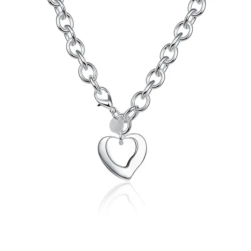 Silver Plated Pendants Double Heart Tag Collier Femme Bijoux Women113 5