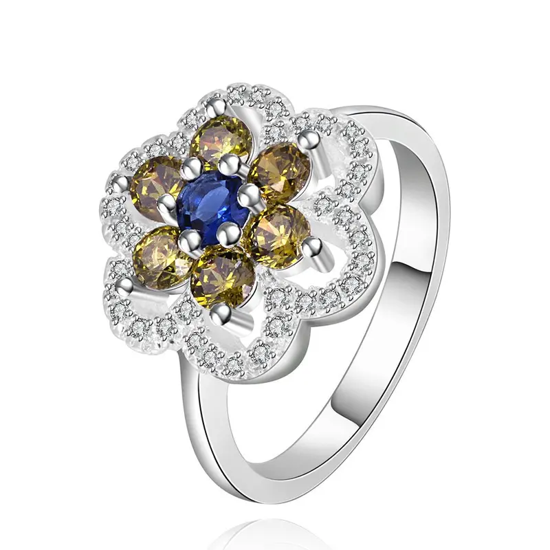 Silver Plated Ring Jewelrygreen And Blue Flower Ring 43 1