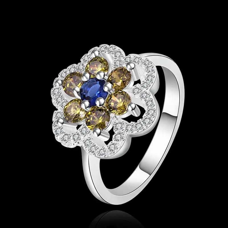 Silver Plated Ring Jewelrygreen And Blue Flower Ring 43 2