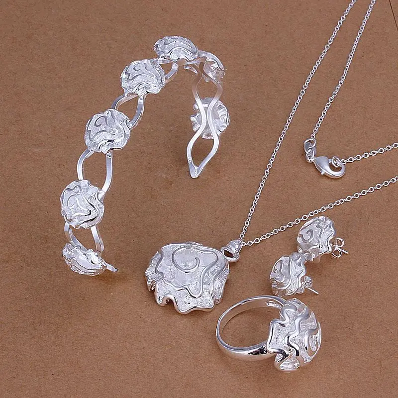 Silver Plated Rose Jewelry Sets Necklace Bracelet Bangle Earring Ring Smts242 1