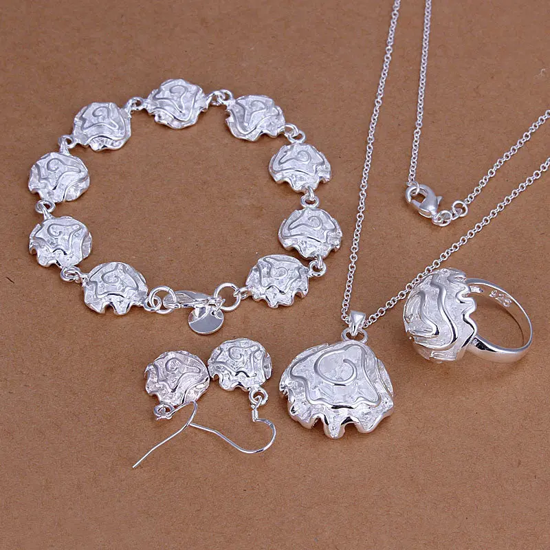 Silver Plated Rose Jewelry Sets Necklace Bracelet Bangle Earring Ring Smts27 1