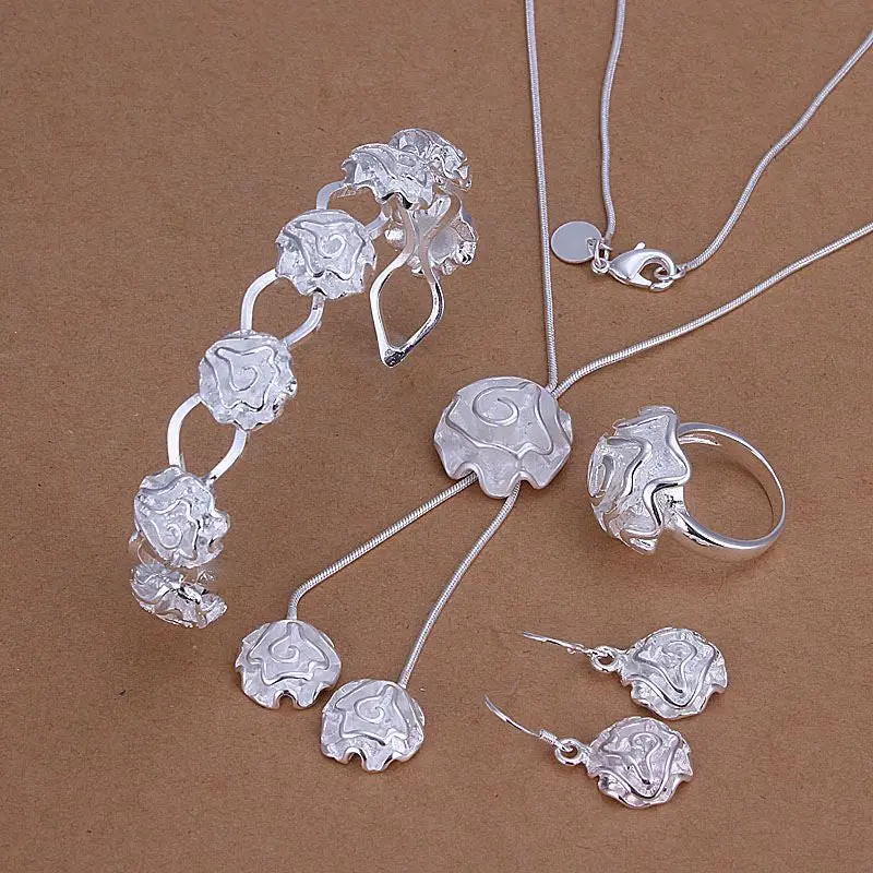 Silver Plated Rose Jewelry Sets Necklace Bracelet Bangle Earring Ring Smts272 1