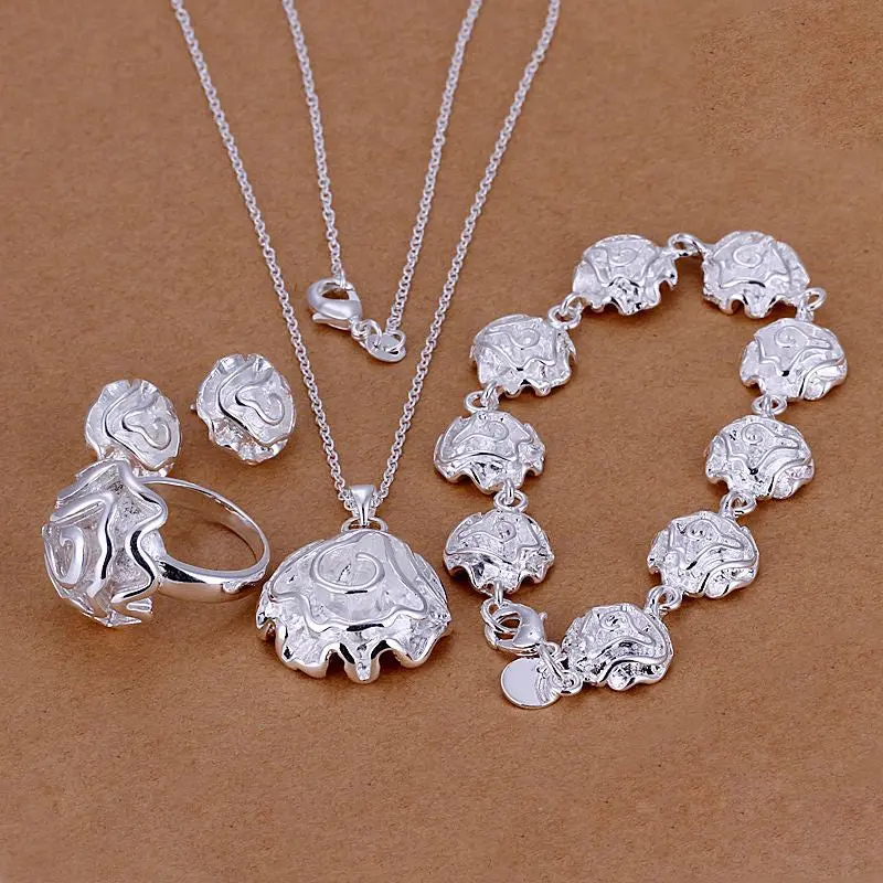 Silver Plated Rose Jewelry Sets Necklace Bracelet Bangle Earring Ring Smts296 1