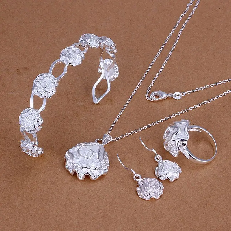 Silver Plated Rose Jewelry Sets Necklace Bracelet Bangle Earring Ring Smts321 1
