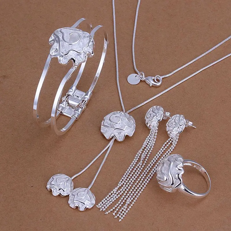 Silver Plated Rose Jewelry Sets Necklace Bracelet Bangle Earring Ring Smts324 1