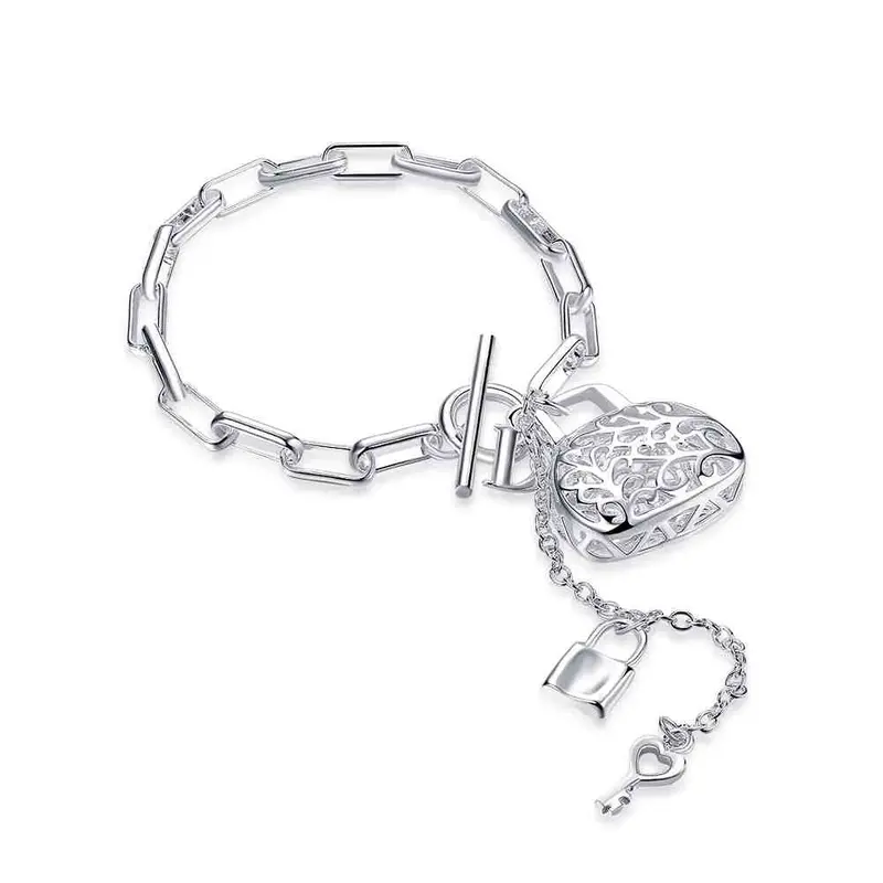 Silver Pulseras Insets Heart Lock Pulseira Charm Hbh 36 3