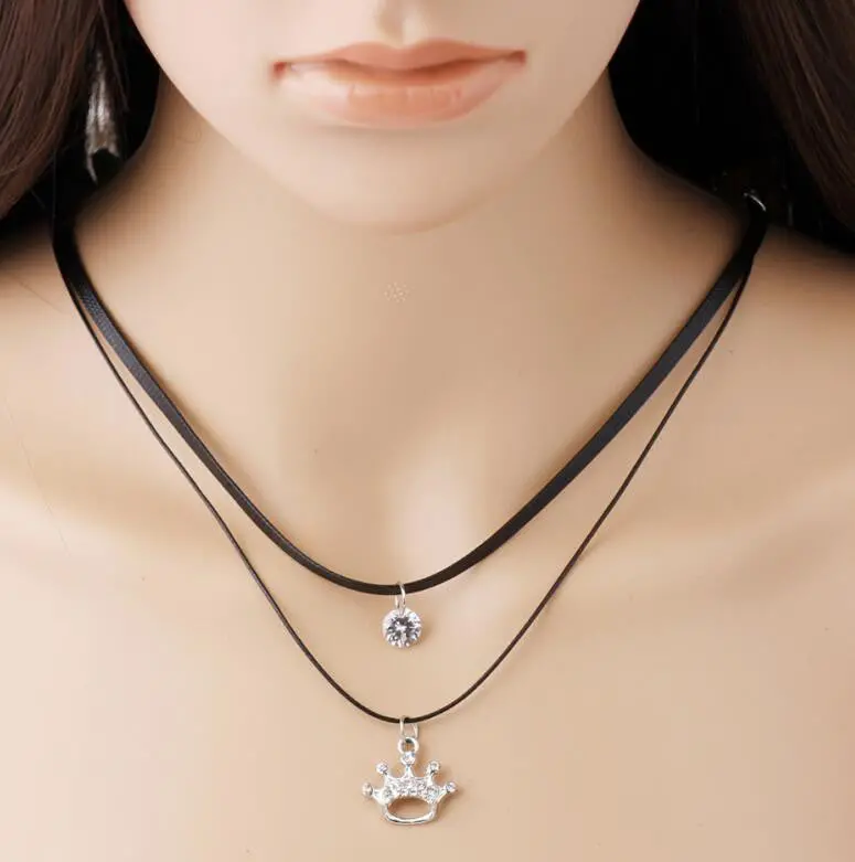 Silver Short Crown Pendant Necklace Double Layer Rope Necklace Wedding Gift Psxl033 1