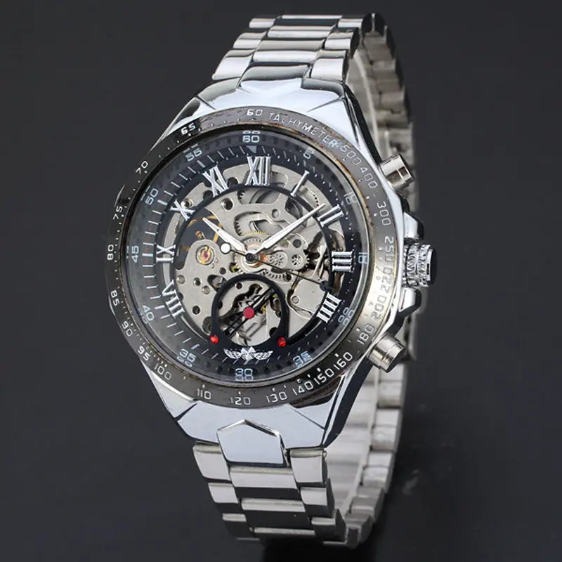 Silver Watch Mens Top Luxury Relogio Masculino Clock Automatic Skeleton Automatic Silver Stainless Steel Watches 2