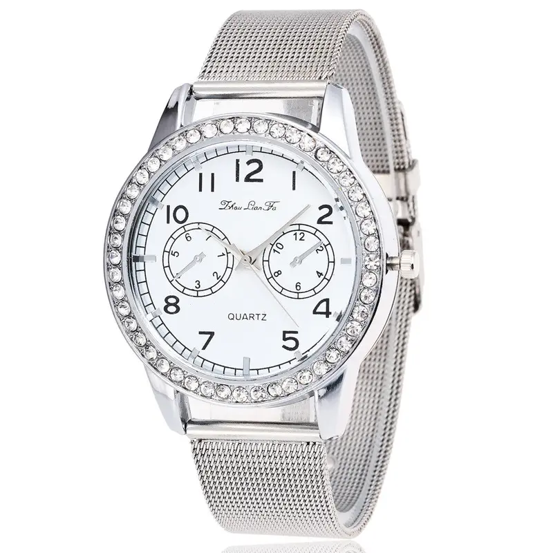 Silver Watch Women Rhinestone Crystal Dress Clock Mesh Stainless Steel Strap Gift Relogio Feminino 2