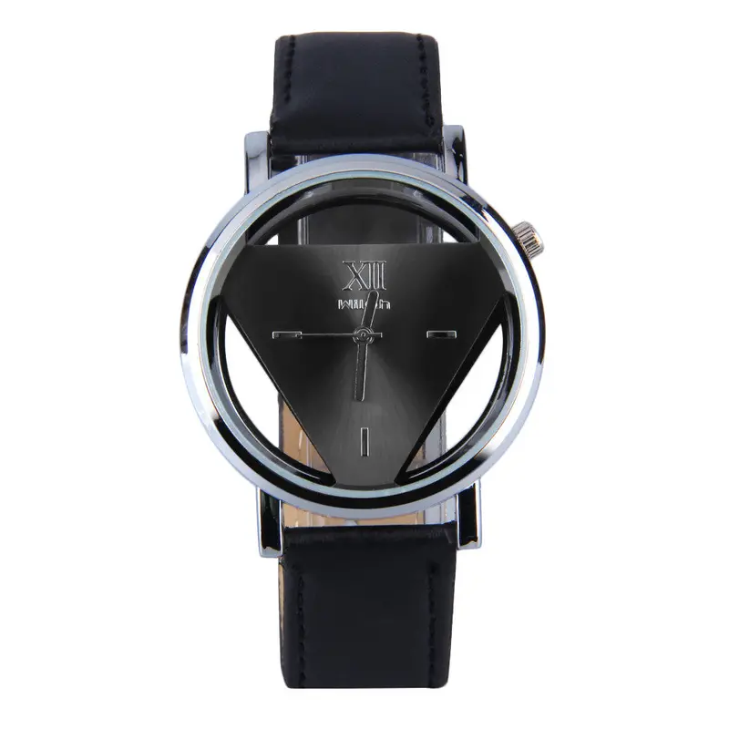 Simple Black Glass Hollow Triangl Dial Design Round Quartz Pu Leather Quartz Wrist Watch 1