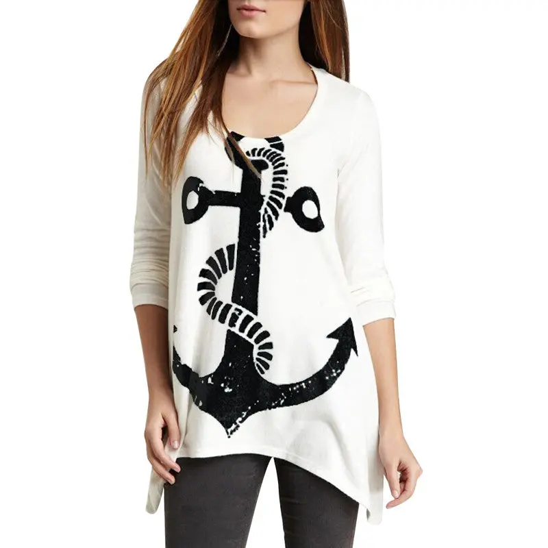 Simple Style Fashion Women Boat Anchor Unbalanced Oblique Hem Long Sleeve 1