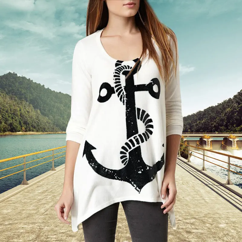 Simple Style Fashion Women Boat Anchor Unbalanced Oblique Hem Long Sleeve 2