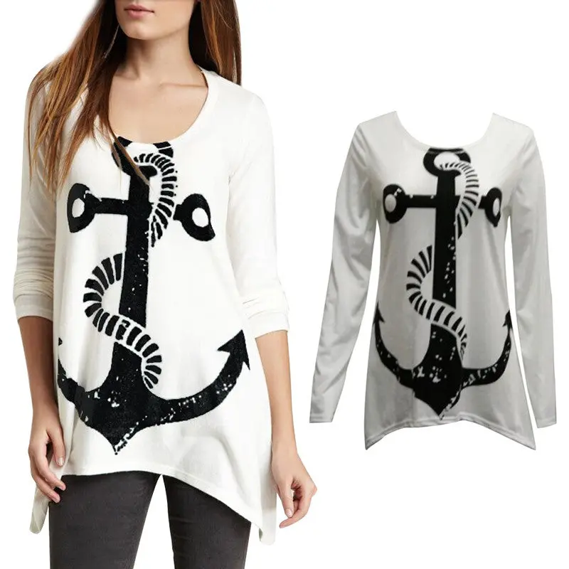 Simple Style Fashion Women Boat Anchor Unbalanced Oblique Hem Long Sleeve 3