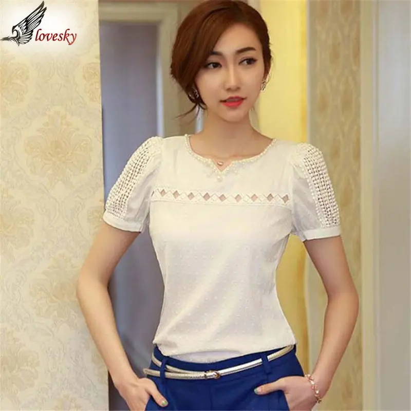 Size Xxl Femininas Camisas Blusas Women Doll Chiffon Plus Size Blouse Lace Tops Hollow Ladies Short Sleeve V Neck 1