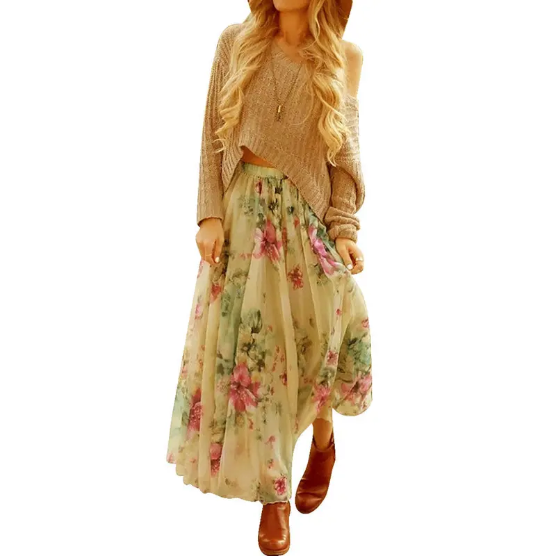 Skirts Womens Chiffon Pleated Long Maxi Boho Skirt Elastic Waist Skirt Feida 1
