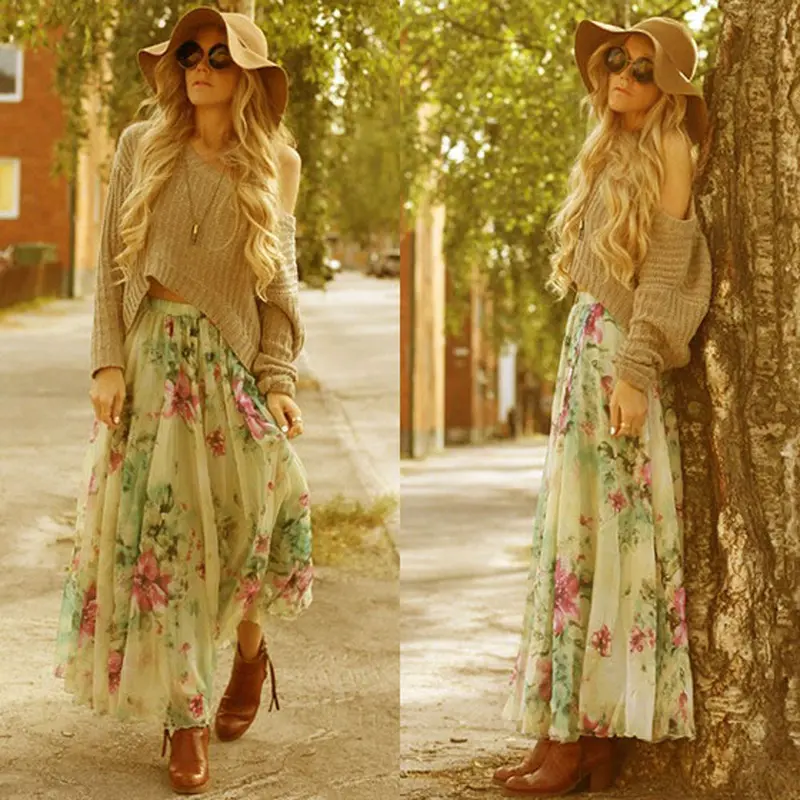 Skirts Womens Chiffon Pleated Long Maxi Boho Skirt Elastic Waist Skirt Feida 2