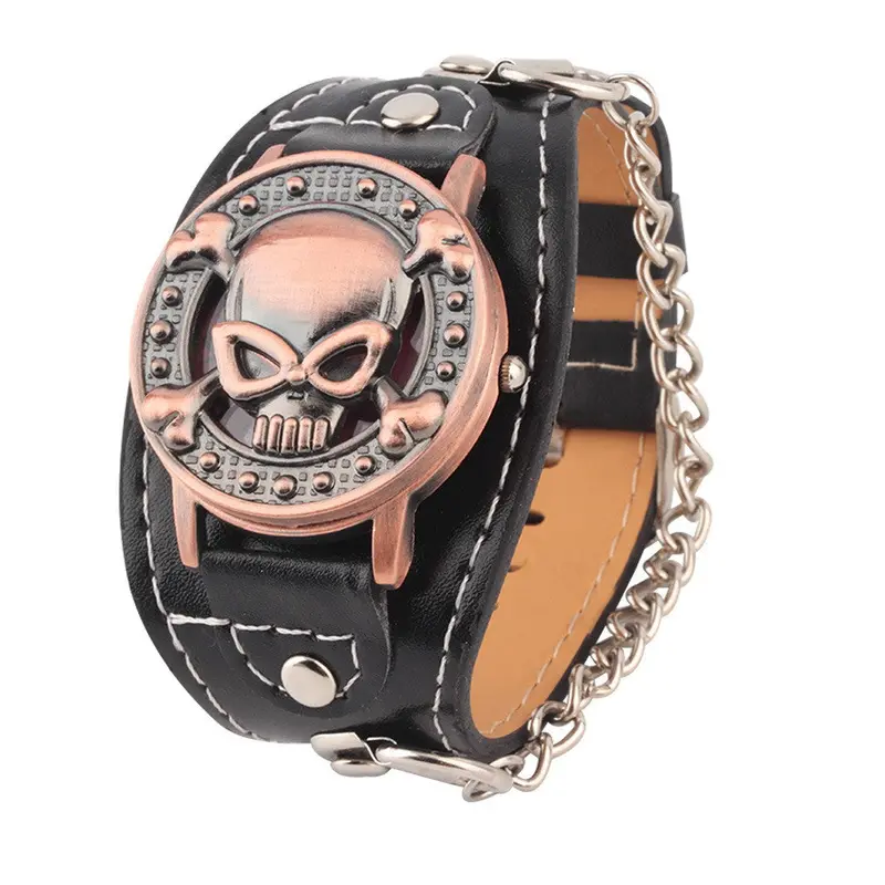 Skull Cover Quartz Watchleather Wrist Watch Leather Bracelet Watchbiker Metal 1