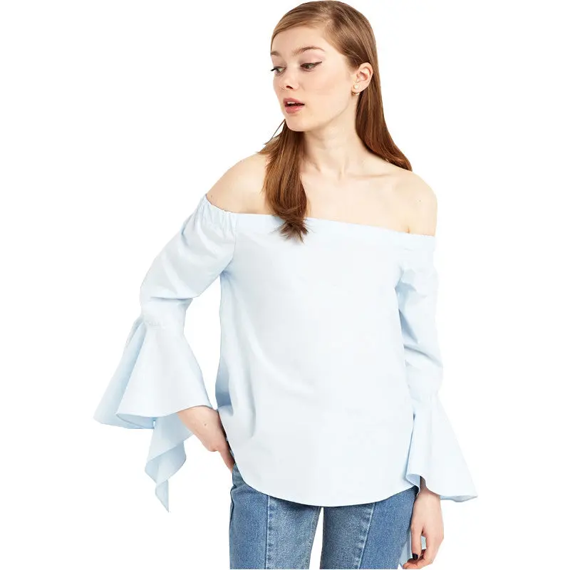 Slash Neck Blue Long Sleeve T Shirt Cotton Top Ruffles Sleeve Off The Shoulder Tops For Wo 1