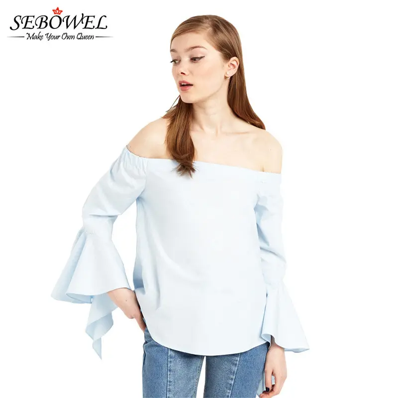 Slash Neck Blue Long Sleeve T Shirt Cotton Top Ruffles Sleeve Off The Shoulder Tops For Wo 2