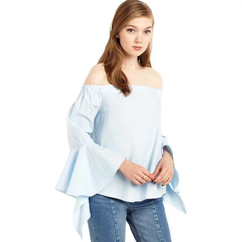 Slash Neck Blue Long Sleeve T Shirt Cotton Top Ruffles Sleeve Off The Shoulder Tops For Wo 3