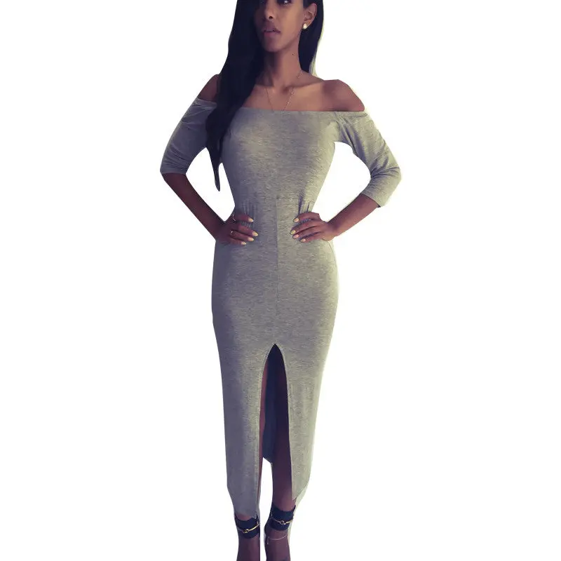 Slash Neck Split Bodycon Dress Sexy Women Dress Gray Slim Women Vestidos Club Midi Dress Plus Size Casual Dresses 1