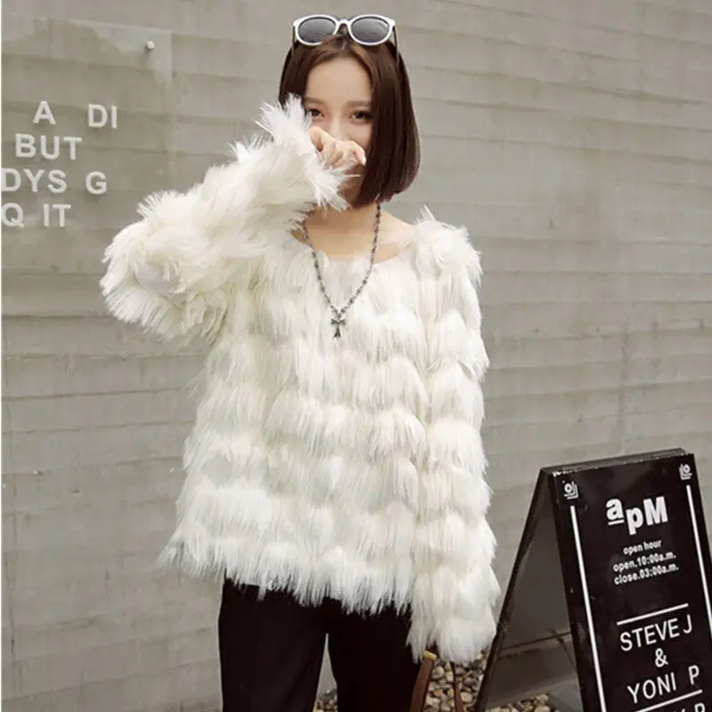 Slash Neck Tassel Long Hairy Shaggy Faux Fox Fur Coat Women Off Shoulder Faux Fur Pullovers Outerwear 3