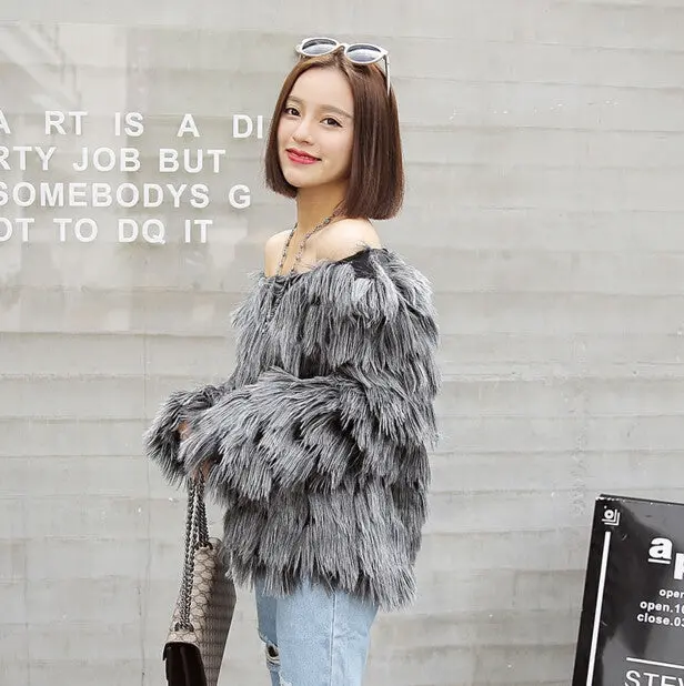 Slash Neck Tassel Long Hairy Shaggy Faux Fox Fur Coat Women Off Shoulder Faux Fur Pullovers Outerwear 4