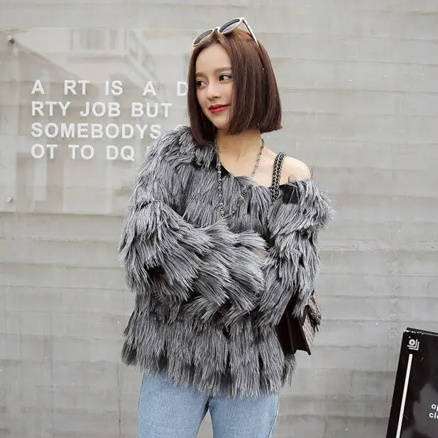 Slash Neck Tassel Long Hairy Shaggy Faux Fox Fur Coat Women Off Shoulder Faux Fur Pullovers Outerwear 5