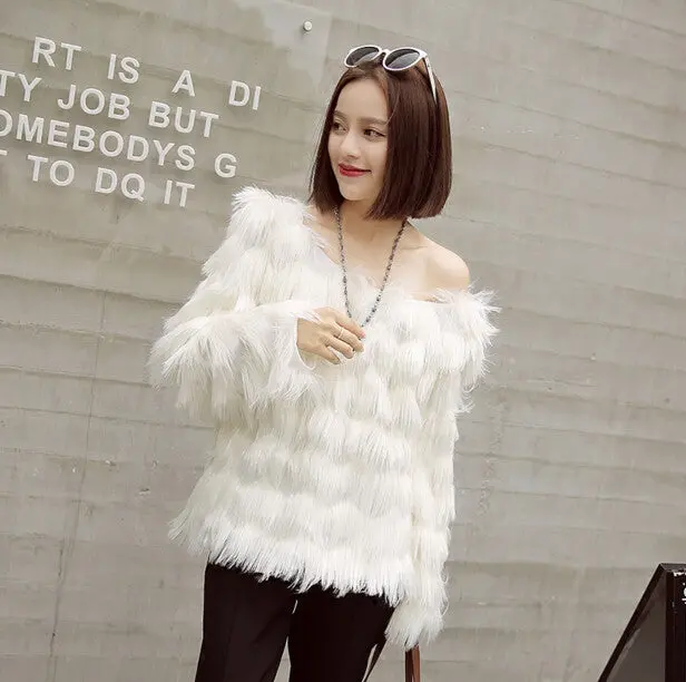 Slash Neck Tassel Long Hairy Shaggy Faux Fox Fur Coat Women Off Shoulder Faux Fur Pullovers Outerwear 6