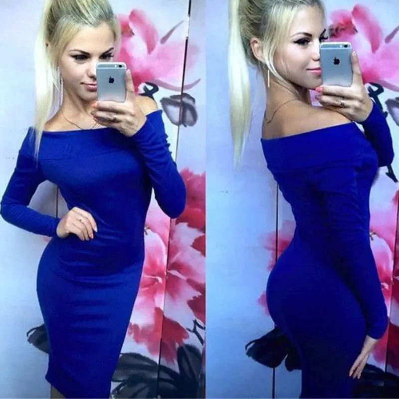 Slash Neck Women Dress Slim Sexy Bodycon Dress Long Sleeve Off Shoulder Midi Dresses For Women Elegant Dress 1