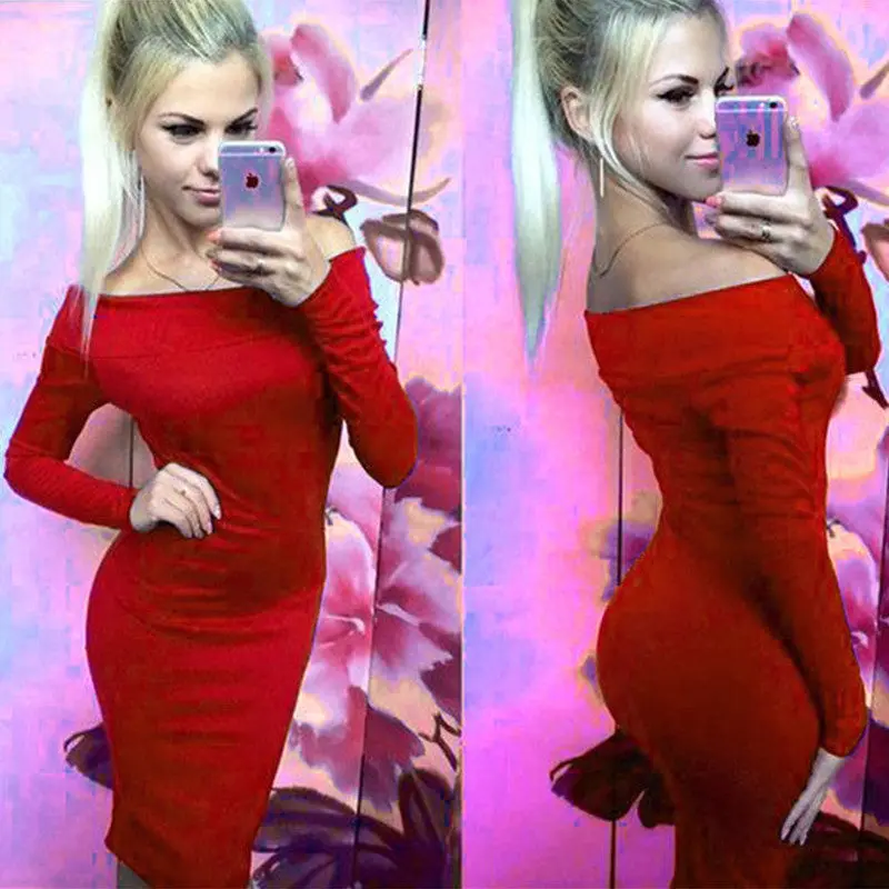 Slash Neck Women Dress Slim Sexy Bodycon Dress Long Sleeve Off Shoulder Midi Dresses For Women Elegant Dress 2