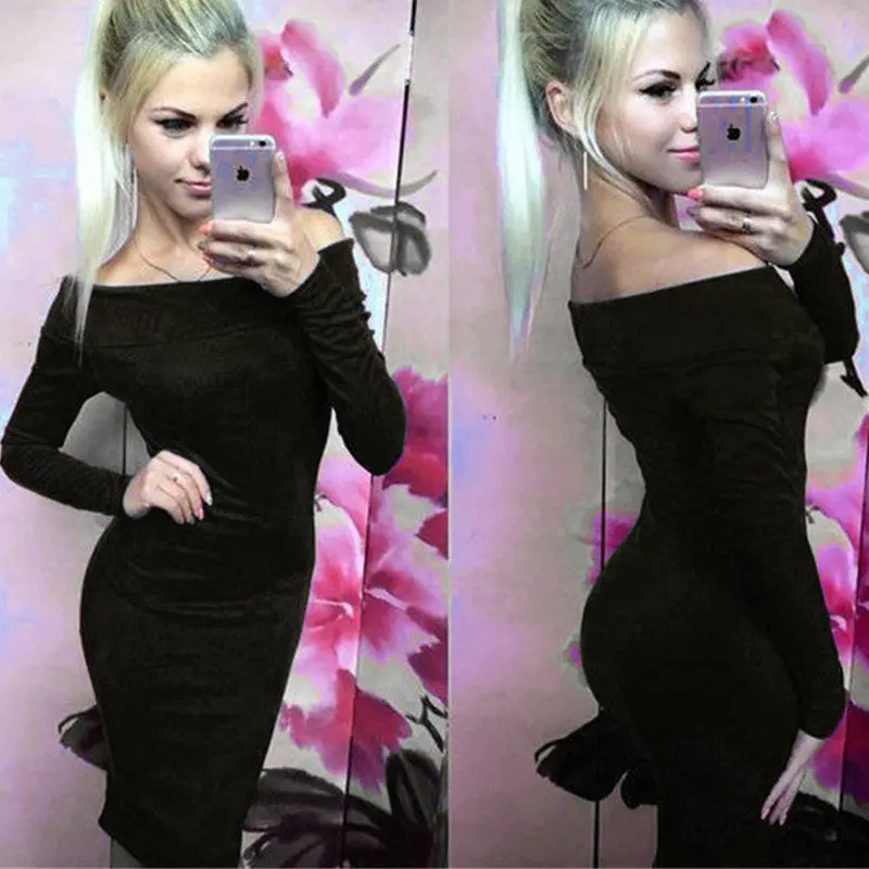 Slash Neck Women Dress Slim Sexy Bodycon Dress Long Sleeve Off Shoulder Midi Dresses For Women Elegant Dress 3
