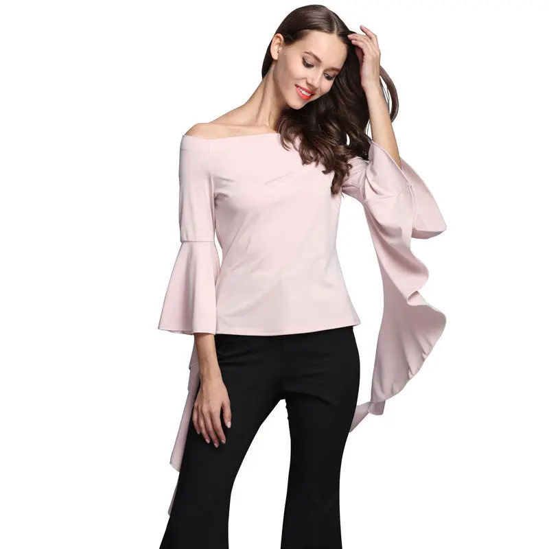Slash Neck Women Tops Sexy Off Shoulder Women Blouses And Shirts Slim Ruffle Sleeve Shirt Tops For Women 1