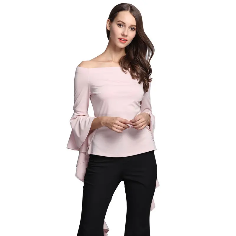 Slash Neck Women Tops Sexy Off Shoulder Women Blouses And Shirts Slim Ruffle Sleeve Shirt Tops For Women 4