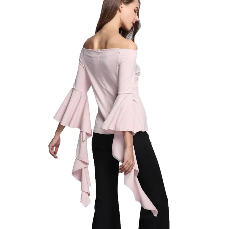 Slash Neck Women Tops Sexy Off Shoulder Women Blouses And Shirts Slim Ruffle Sleeve Shirt Tops For Women 5