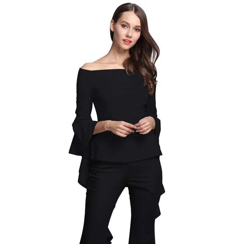 Slash Neck Women Tops Sexy Off Shoulder Women Blouses And Shirts Slim Ruffle Sleeve Shirt Tops For Women 7