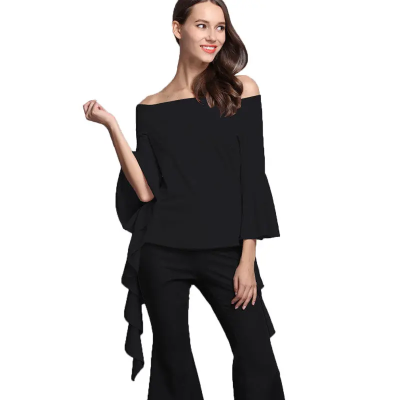 Slash Neck Women Tops Sexy Off Shoulder Women Blouses And Shirts Slim Ruffle Sleeve Shirt Tops For Women 8