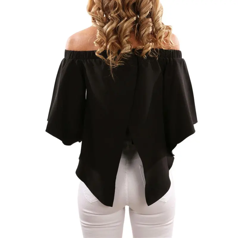 Slash Shoulder Irregular Top Women Chiffon Blouses Candy Color Plus Size Sexy Casual Flare Sleeve Woman Shirt Gv238 10