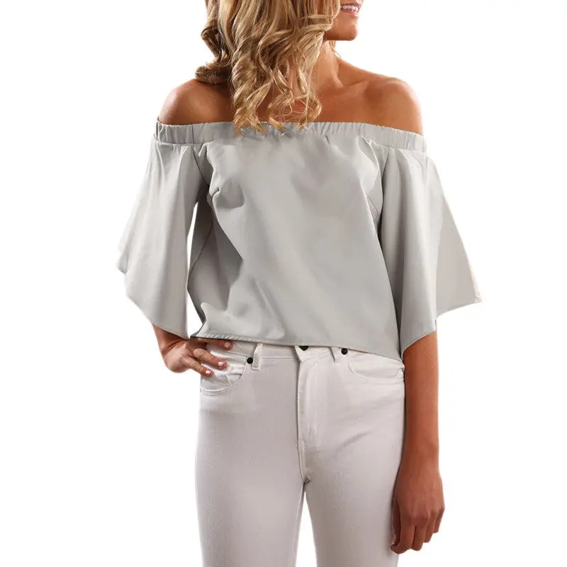 Slash Shoulder Irregular Top Women Chiffon Blouses Candy Color Plus Size Sexy Casual Flare Sleeve Woman Shirt Gv238 11