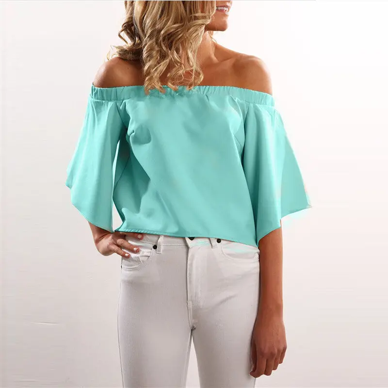 Slash Shoulder Irregular Top Women Chiffon Blouses Candy Color Plus Size Sexy Casual Flare Sleeve Woman Shirt Gv238 5