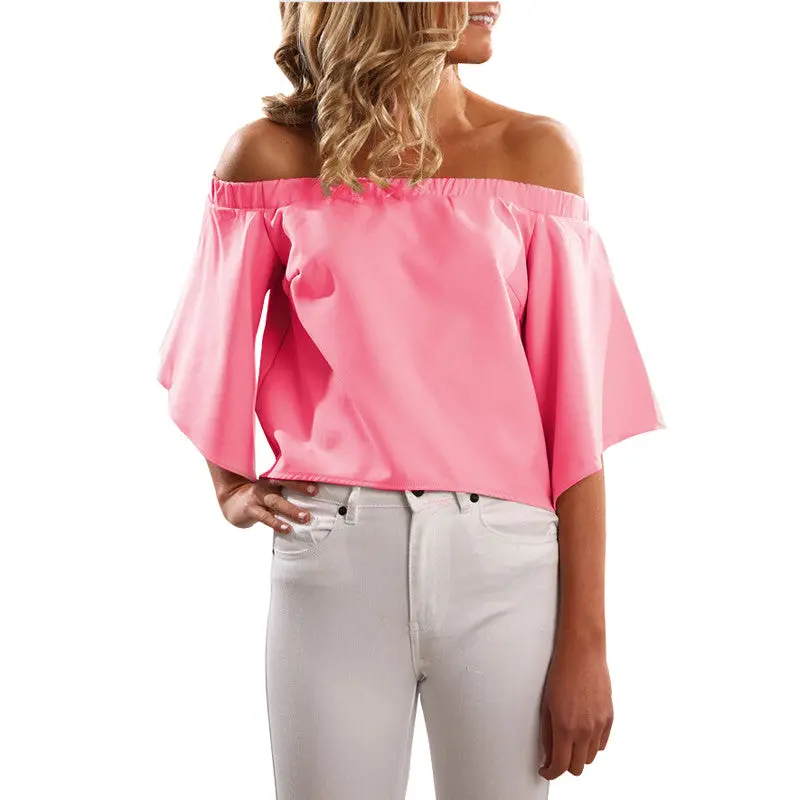 Slash Shoulder Irregular Top Women Chiffon Blouses Candy Color Plus Size Sexy Casual Flare Sleeve Woman Shirt Gv238 6