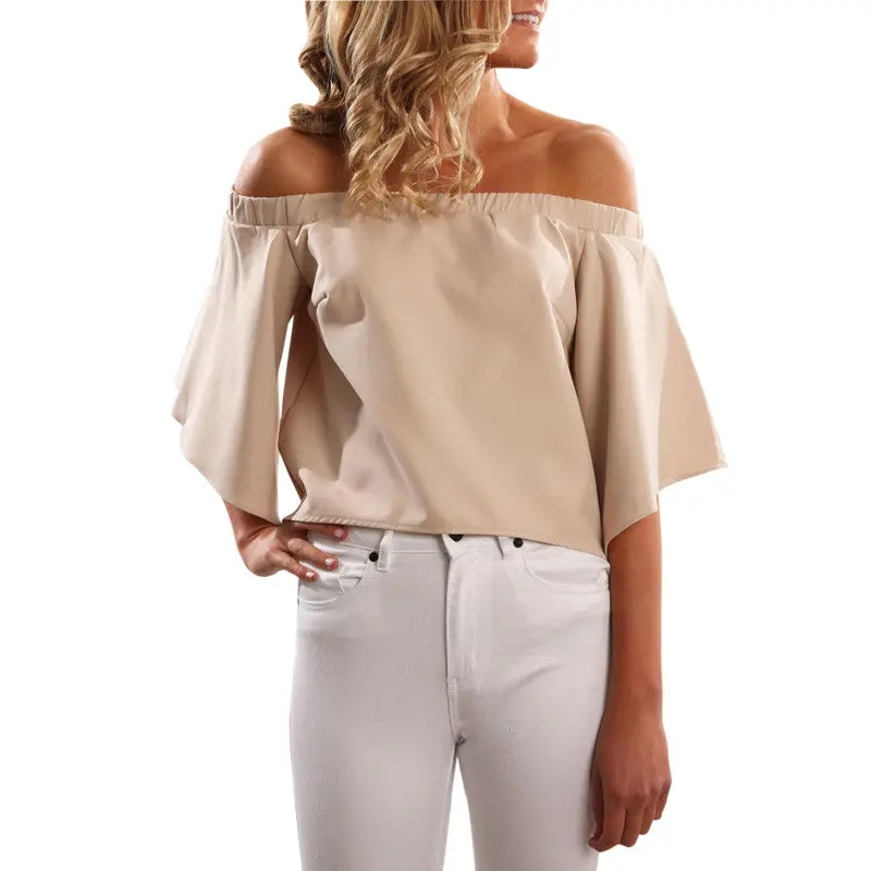 Slash Shoulder Irregular Top Women Chiffon Blouses Candy Color Plus Size Sexy Casual Flare Sleeve Woman Shirt Gv238 7