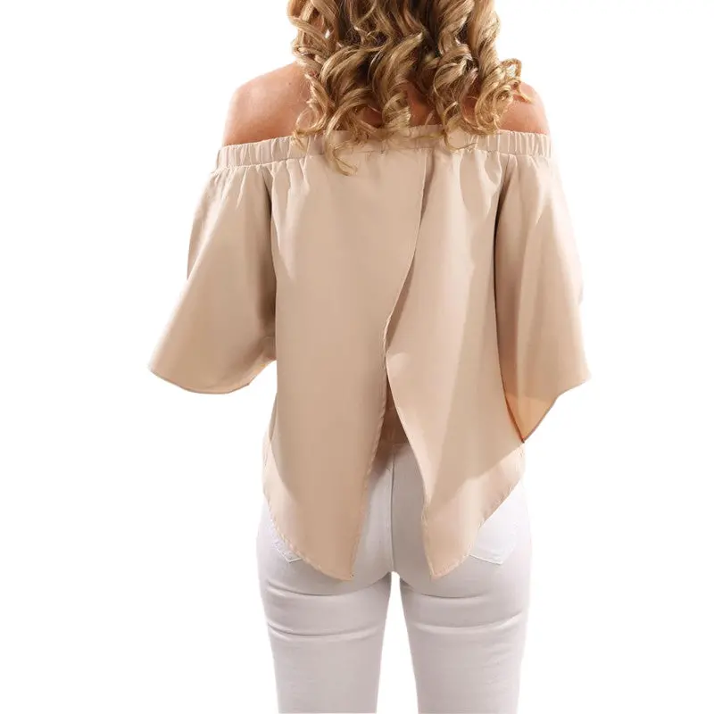 Slash Shoulder Irregular Top Women Chiffon Blouses Candy Color Plus Size Sexy Casual Flare Sleeve Woman Shirt Gv238 8