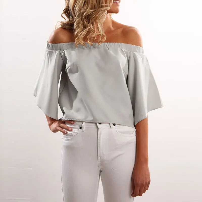 Slash Shoulder Irregular Top Women Chiffon Blouses Candy Color Plus Size Sexy Casual Flare Sleeve Woman Shirt Gv238 9